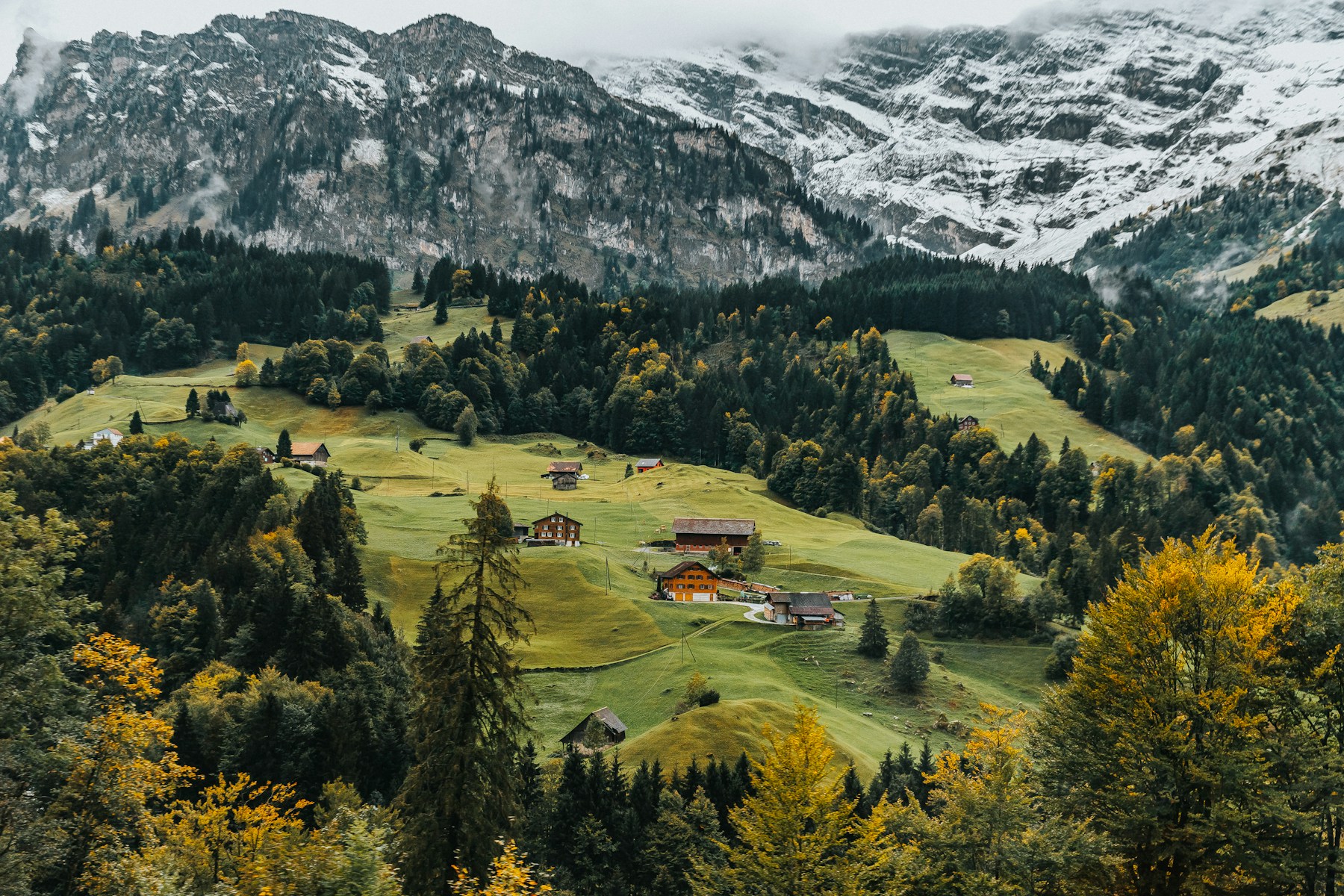 Swiss chalets among green meadows and autumn trees