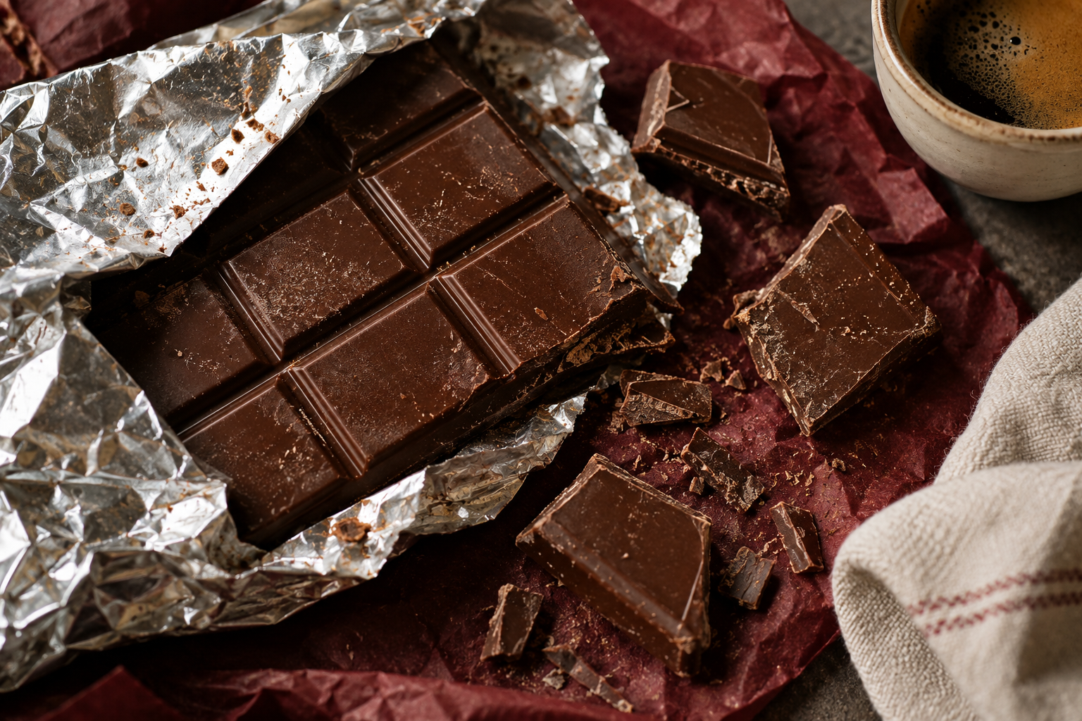 Broken chocolate, crinkled silver foil, and espresso on linen