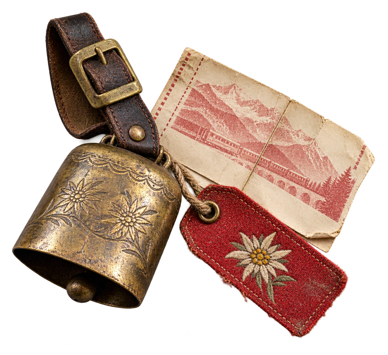 A brass cowbell, old ticket, and embroidered luggage tag